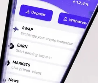 Bitennial home screen — Deposit/Withdraw buttons and a consistent list row pattern.