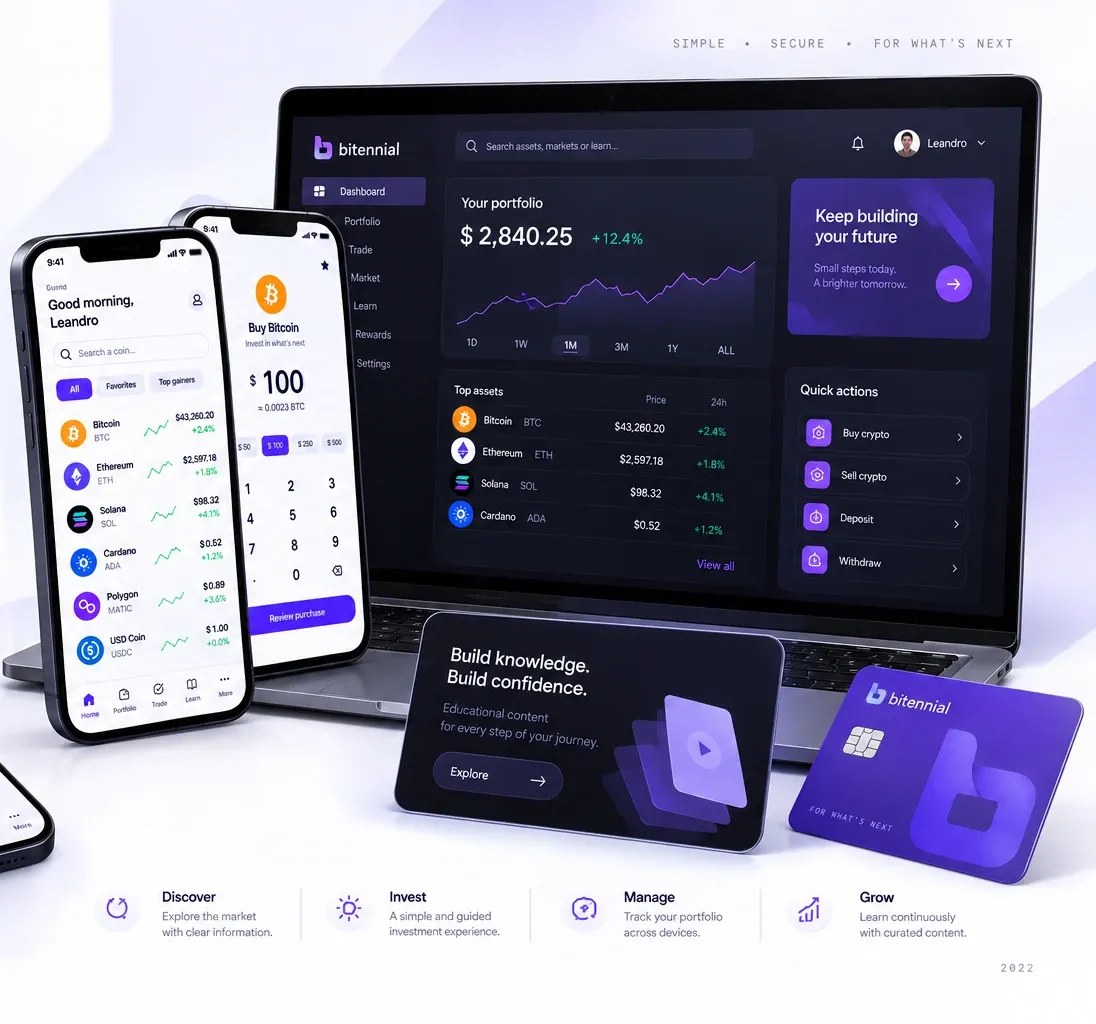 Bitennial across mobile and desktop — portfolio dashboard, quick actions and account tools.