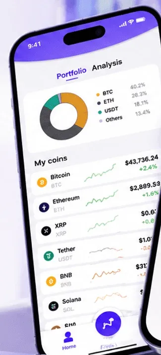Bitennial portfolio screen — a donut chart and a plain list of coins with live prices.