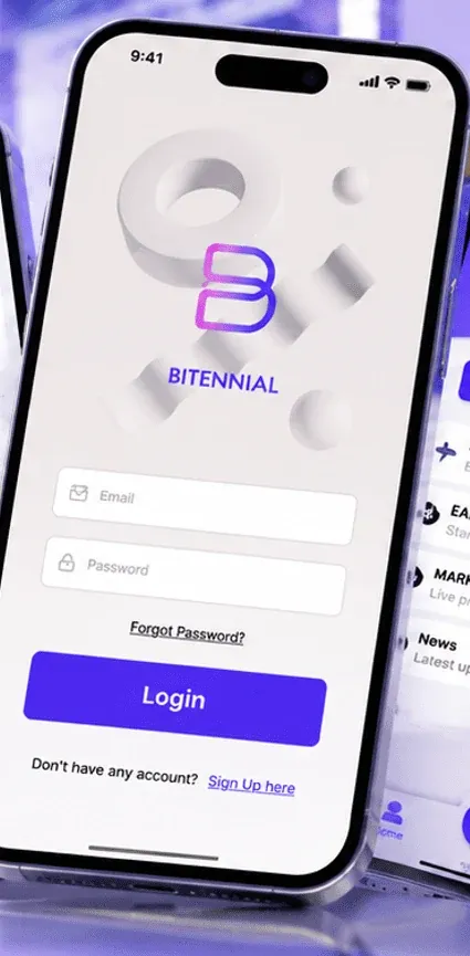 Bitennial login screen — email, password and a single Login action.