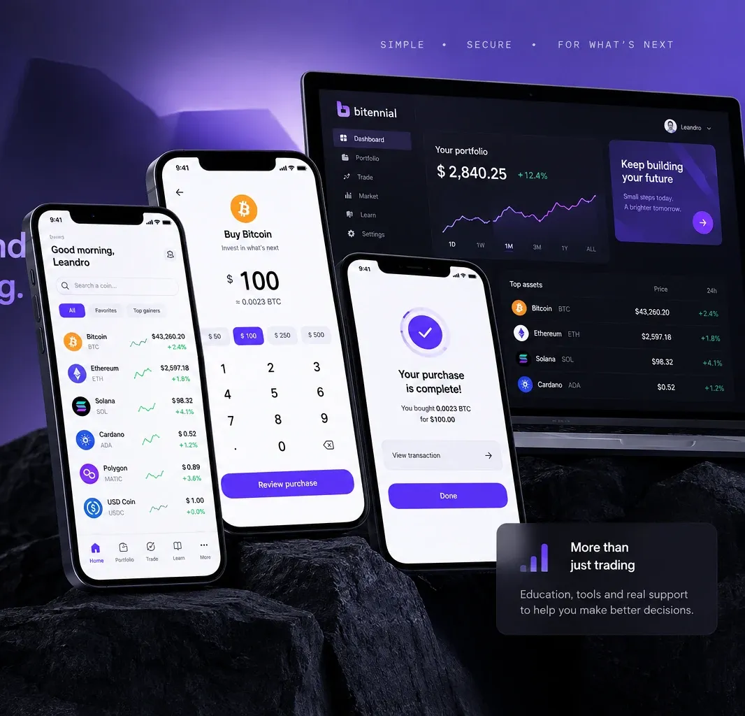 Bitennial — a consumer crypto exchange designed from scratch, mobile-first.