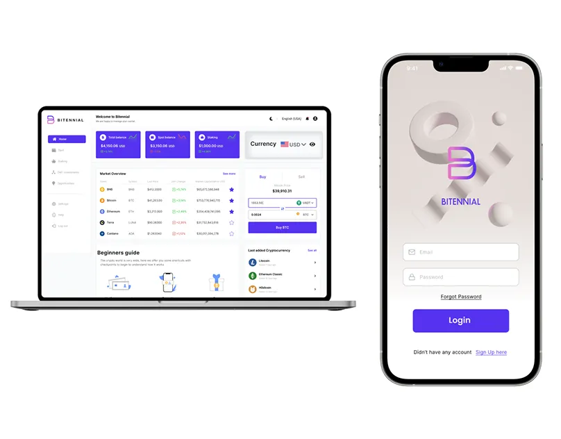 Bitennial crypto exchange landing page and brand.