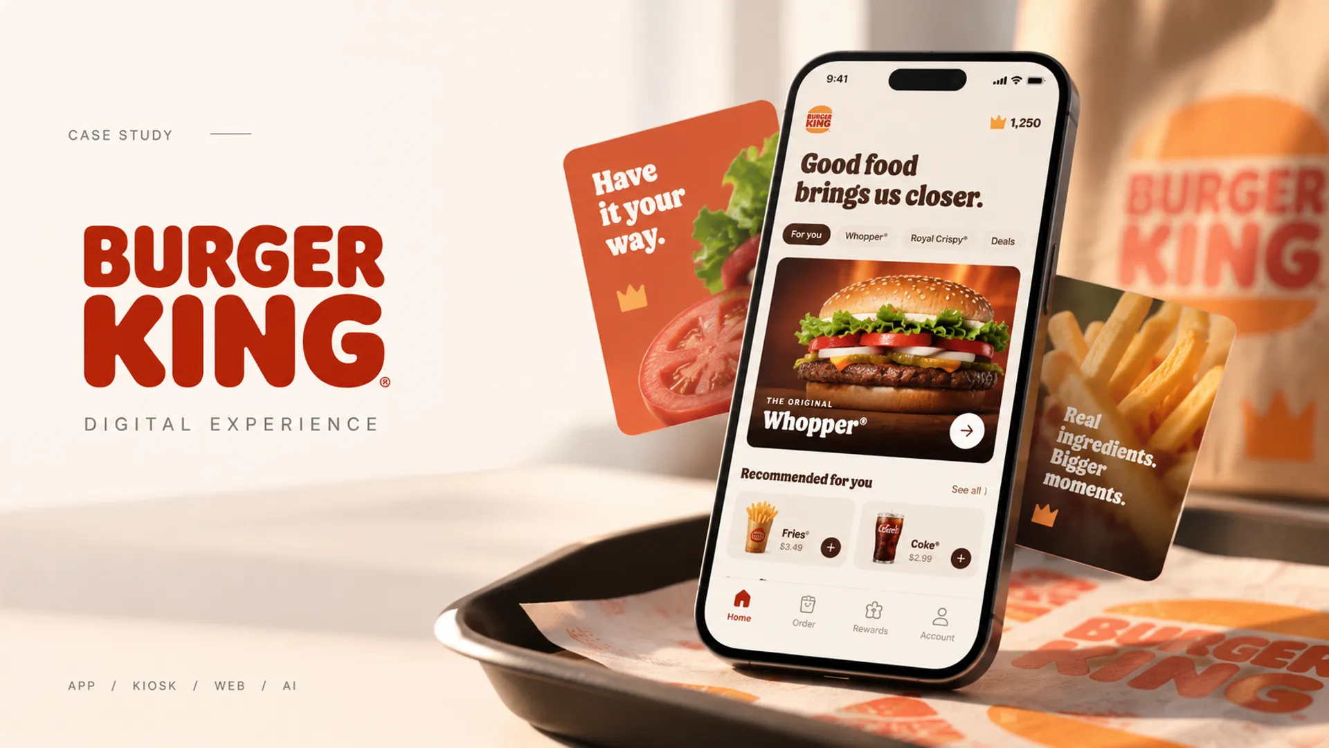 Burger King's ordering app home screen — the Whopper, loyalty crowns and recommended items — alongside brand cards referencing app, kiosk, web and AI.