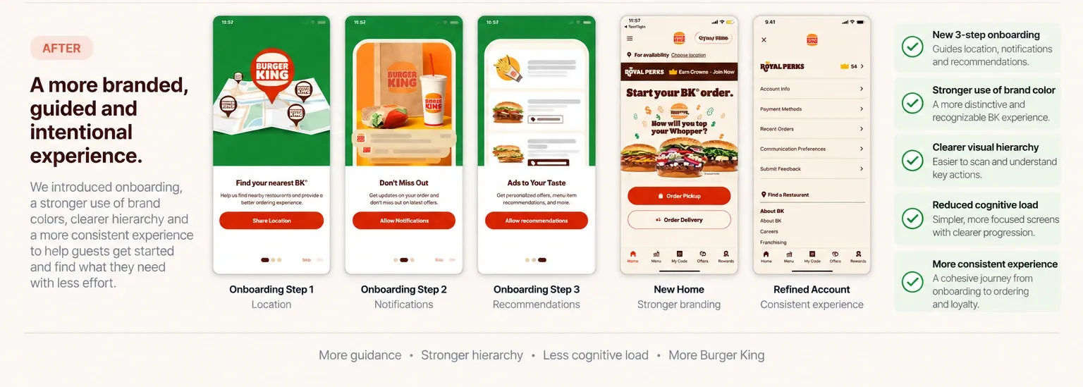 After — a three-step onboarding for location, notifications and recommendations, followed by the redesigned home and account screens, with stronger brand expression, clearer hierarchy and a more consistent experience.