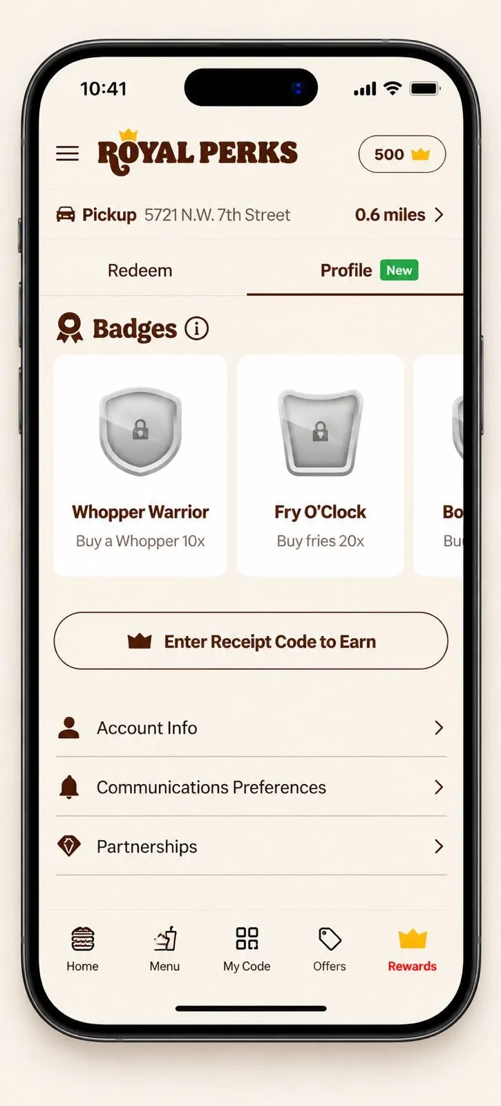 Badges inside Royal Perks — Whopper Warrior and Fry O'Clock, tied to repeat purchases.