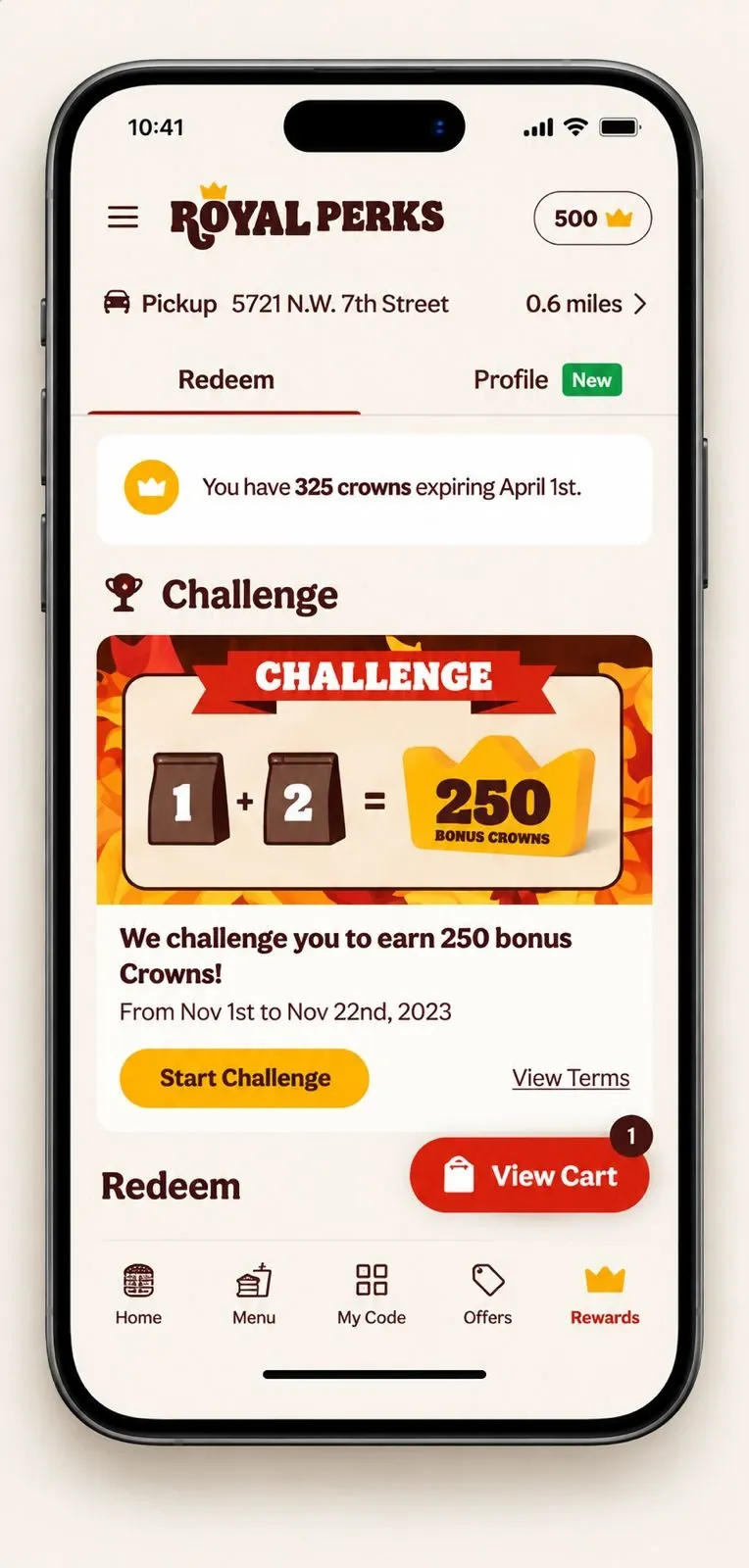 The Challenge card inside Royal Perks — earn 250 bonus Crowns within a limited window.