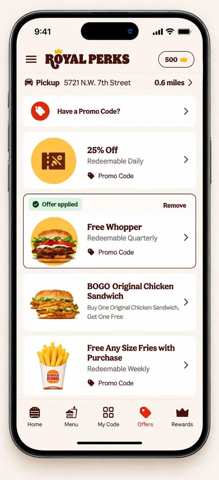 The offers list — an applied offer, redeemable rewards and promo codes.