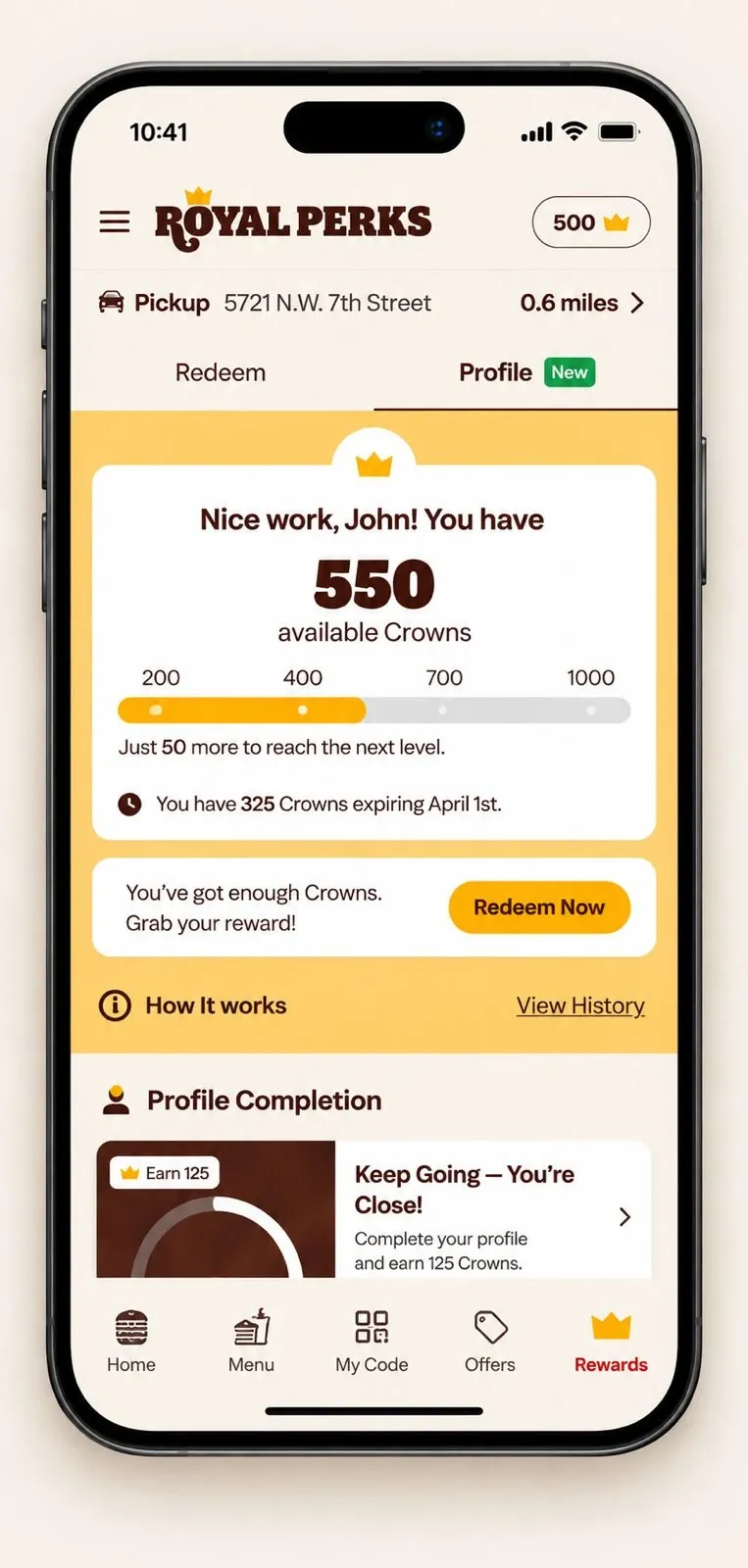 Profile and progress screen — 550 available Crowns, a progress bar toward the next reward, and an expiration date.