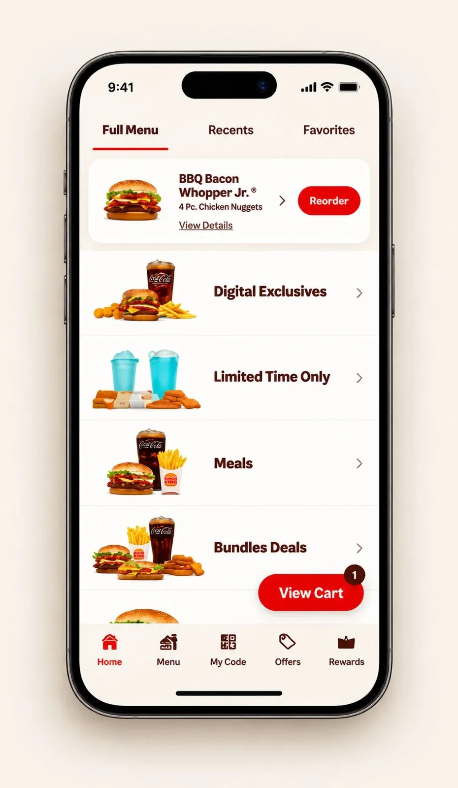 The menu with a Reorder widget surfacing a guest's previous order at the top, above the usual categories.