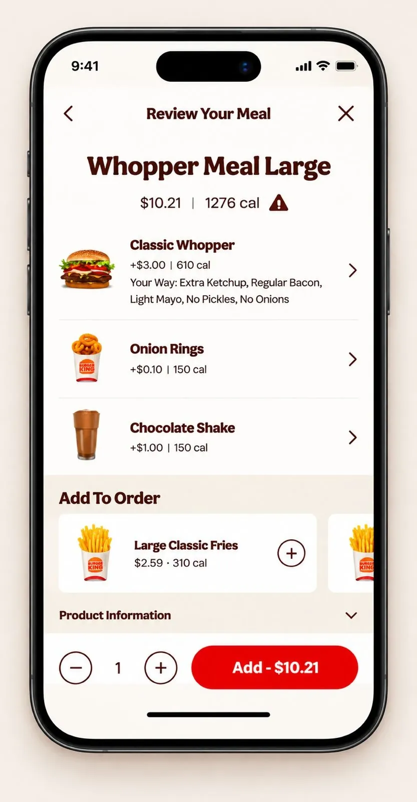 The Review Your Meal screen — the full meal and its items, with an Add to Order section for complementary items before checkout.