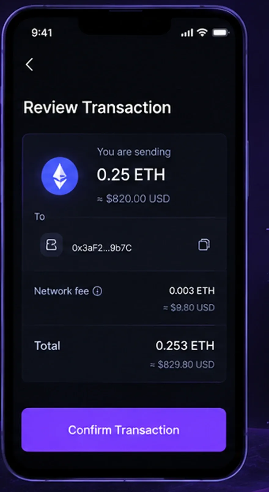 Flubi transaction detail — network fees and technical data available but secondary.