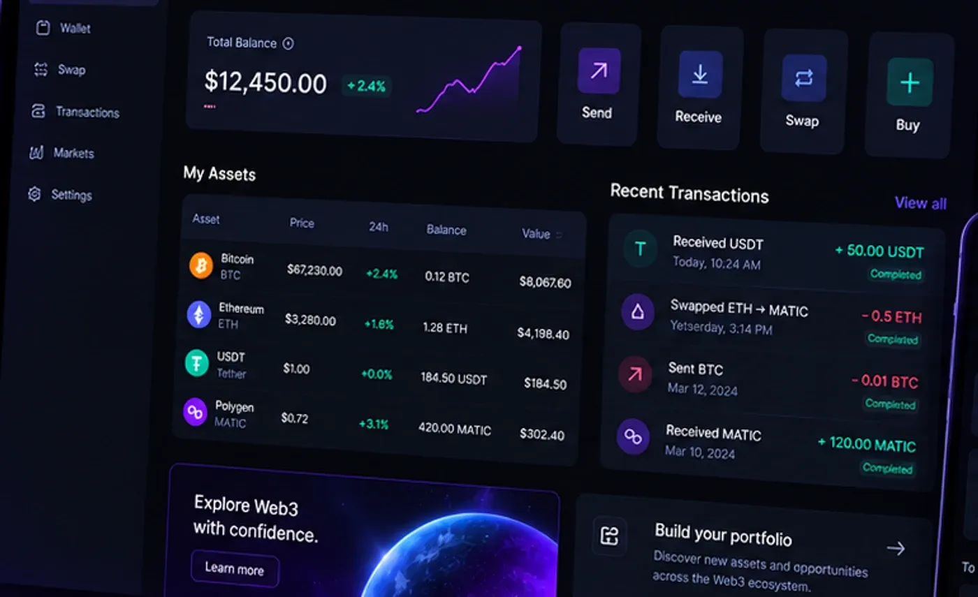 Flubi dashboard — balance, asset table and recent activity organised by visual priority.