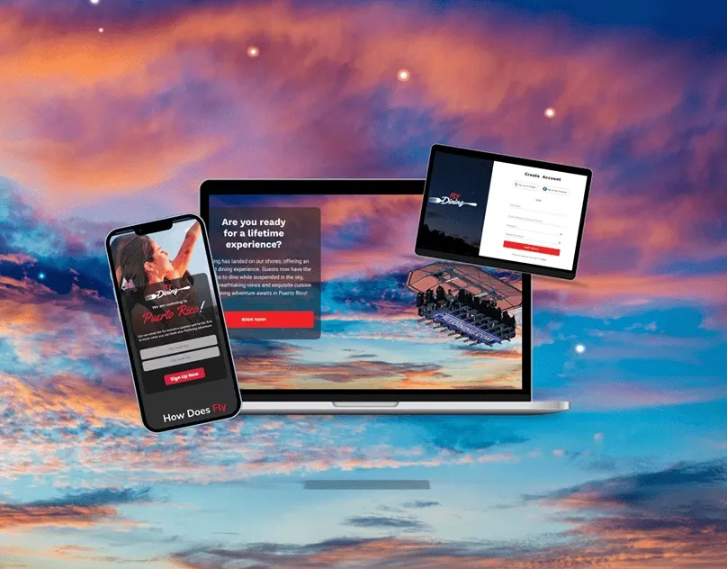 The original FlyDining screens — sign-up, landing page and account creation.