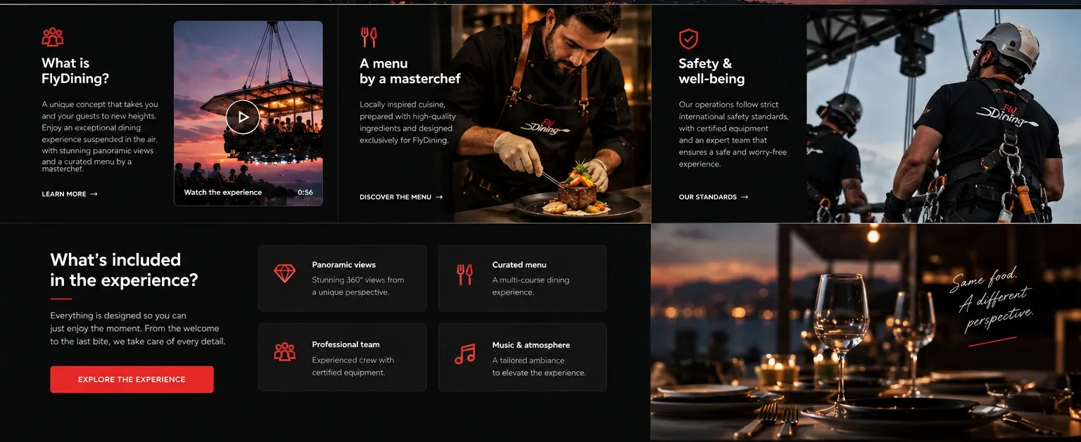 FlyDining trust section — what FlyDining is, the menu, safety and well-being, and what's included in the experience.