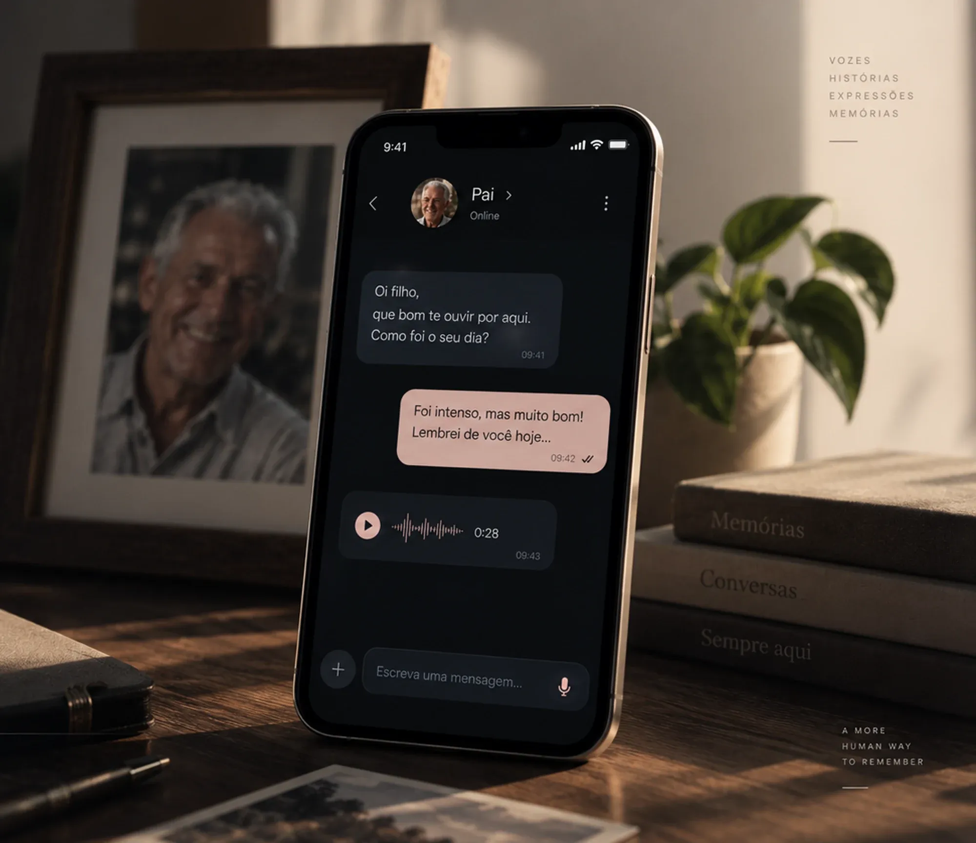 Norya — a phone showing a conversation with 'Pai', a voice message, on a warm desk beside a framed portrait.