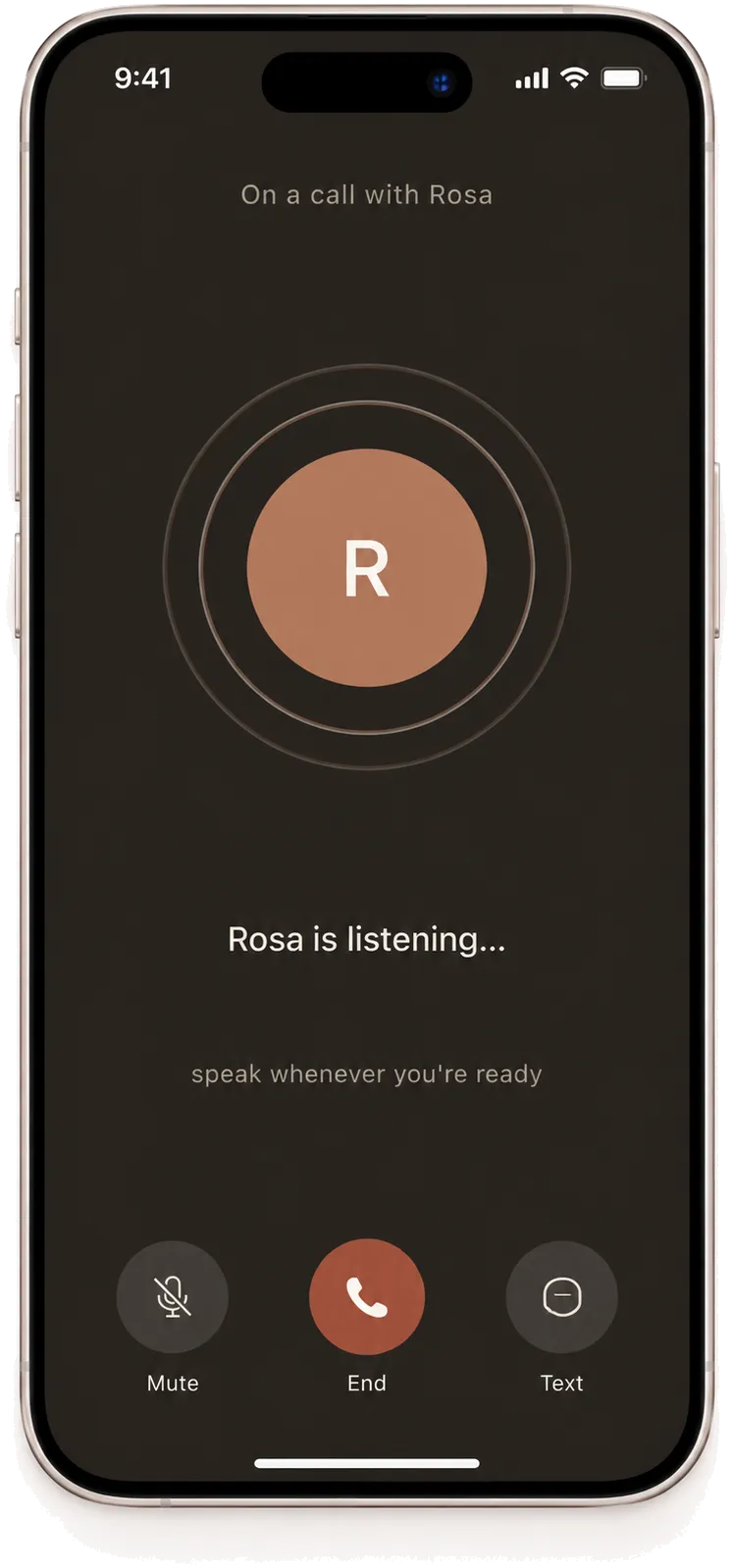 Norya's voice call screen — 'On a call with Rosa', listening, with mute, end and text controls.