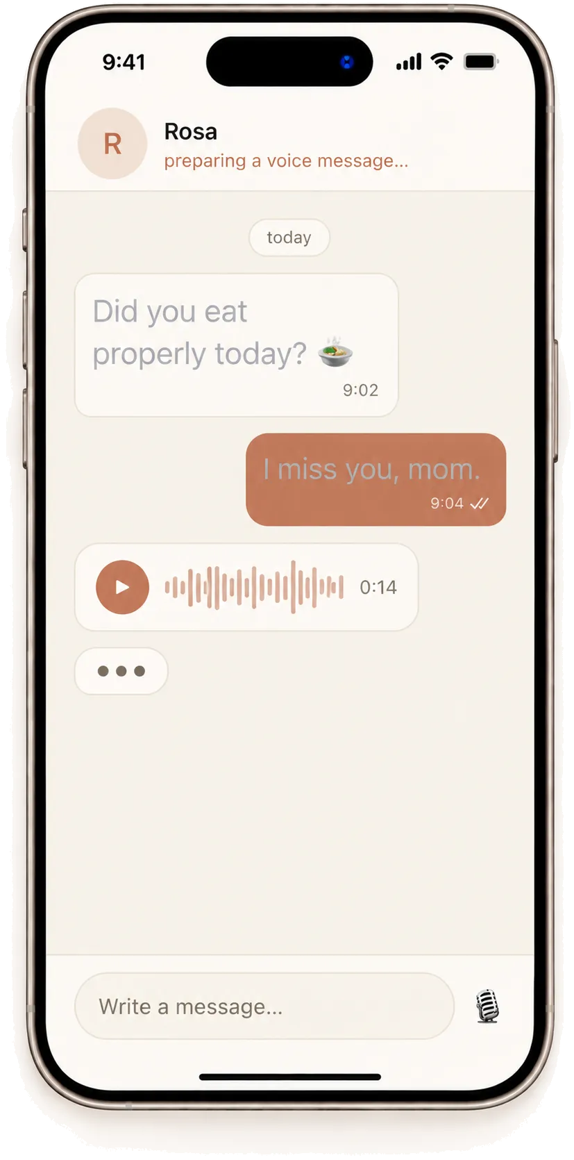 Norya's conversation screen — text and voice messages with Rosa.
