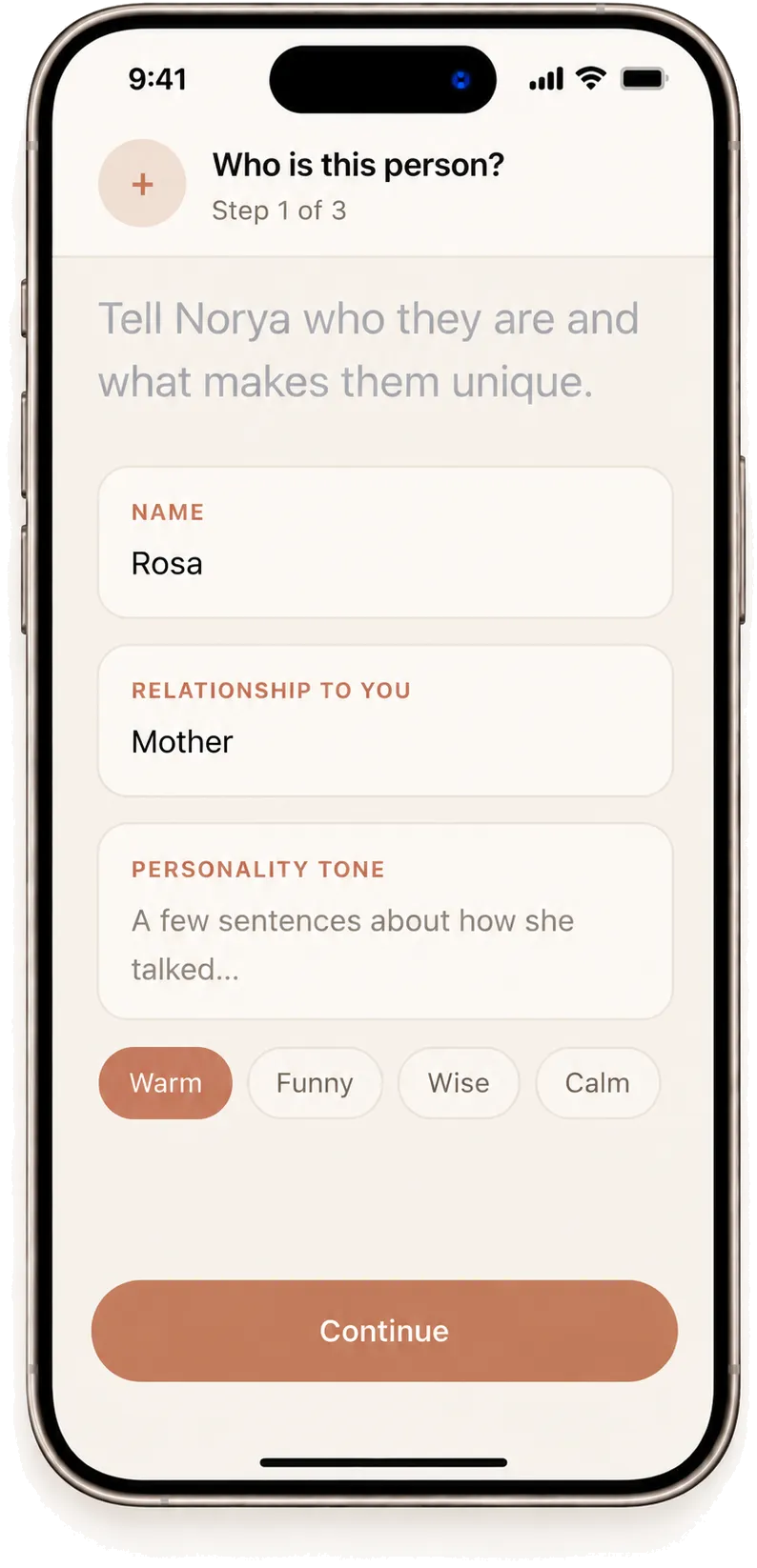 Norya's person-creation screen — step 1 of 3, telling Norya who this person is.