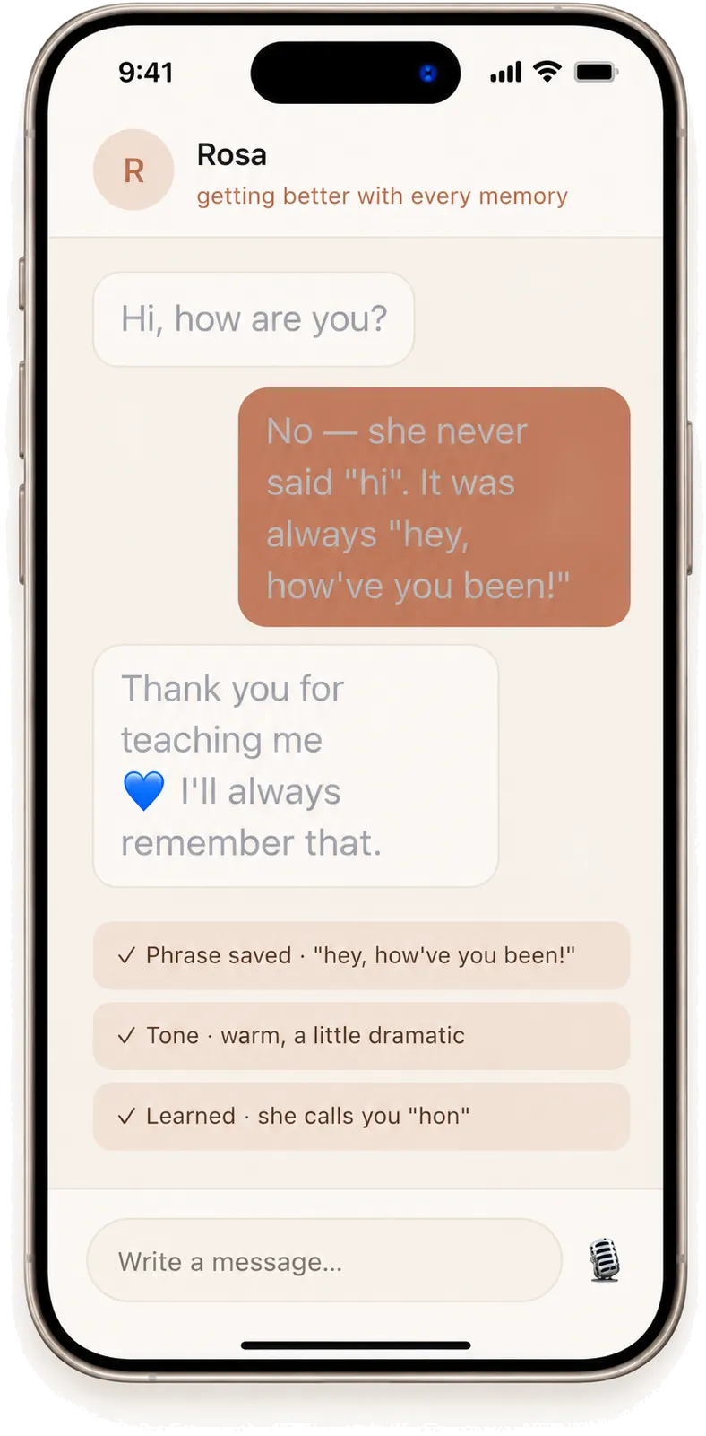 Norya learning a correction — a phrase, tone and detail saved straight into the persona.