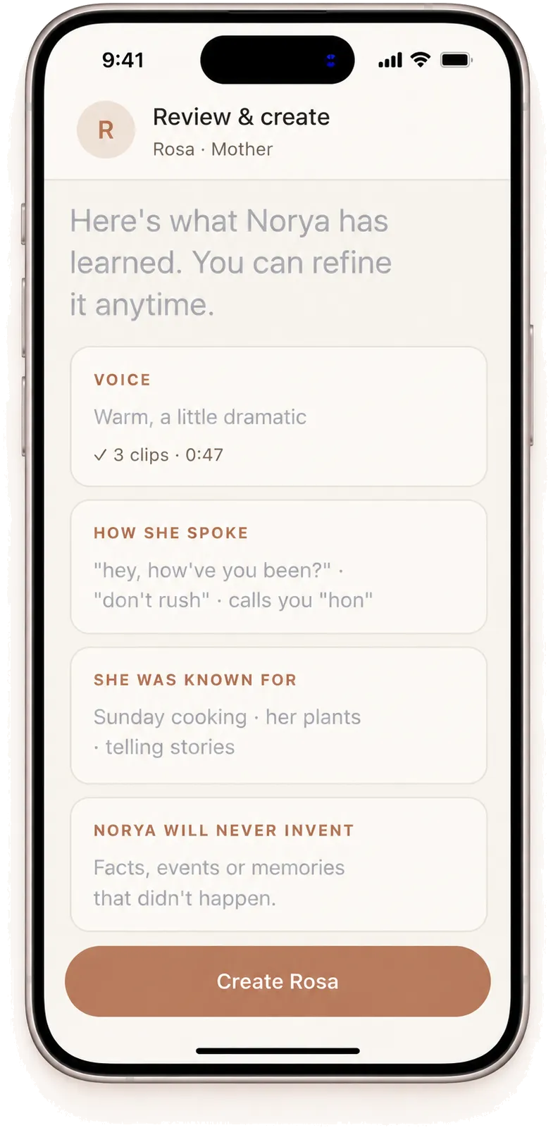Norya's review & create screen — what Norya has learned about Rosa, ready to refine or confirm.