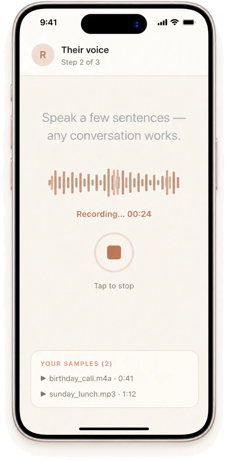 Norya's voice sample recording screen — step 2 of 3, recording a voice sample to learn from.